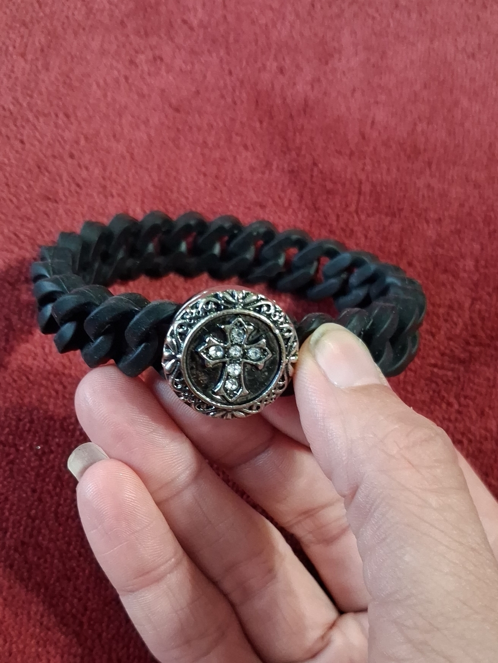 Black Braided Leather Bracelet with Rhinestone Cross Accent